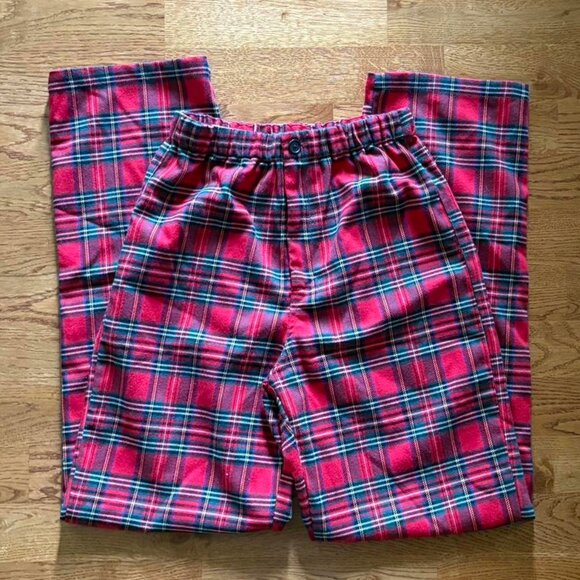 Brandy Melville Red Plaid Pants Flannel Tartan Pull On Button Straight Leg OS - Picture 1 of 4
